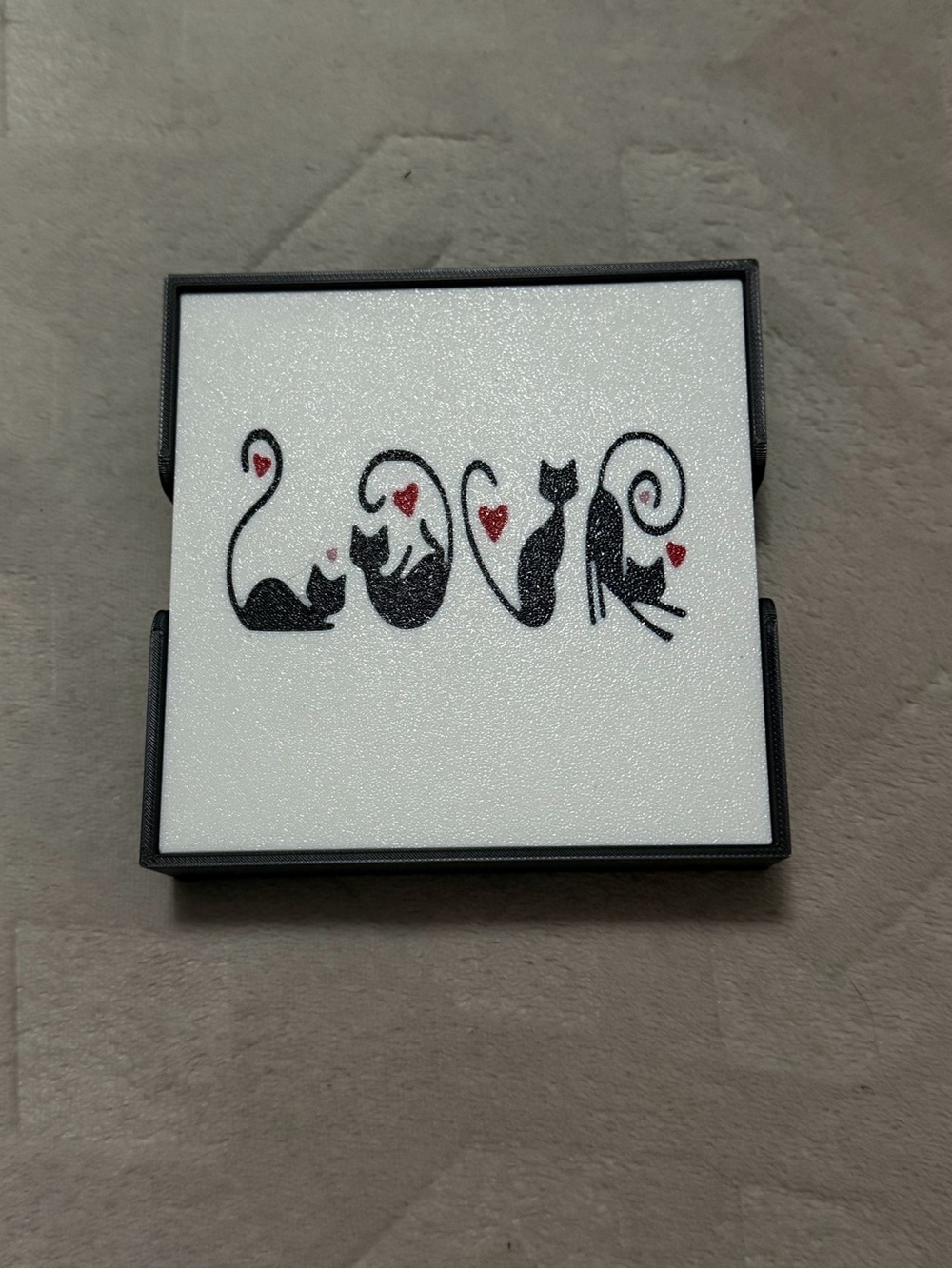 Handcrafted 3D Printed Cat Love Coaster - Black & White with Red Hearts NWOT